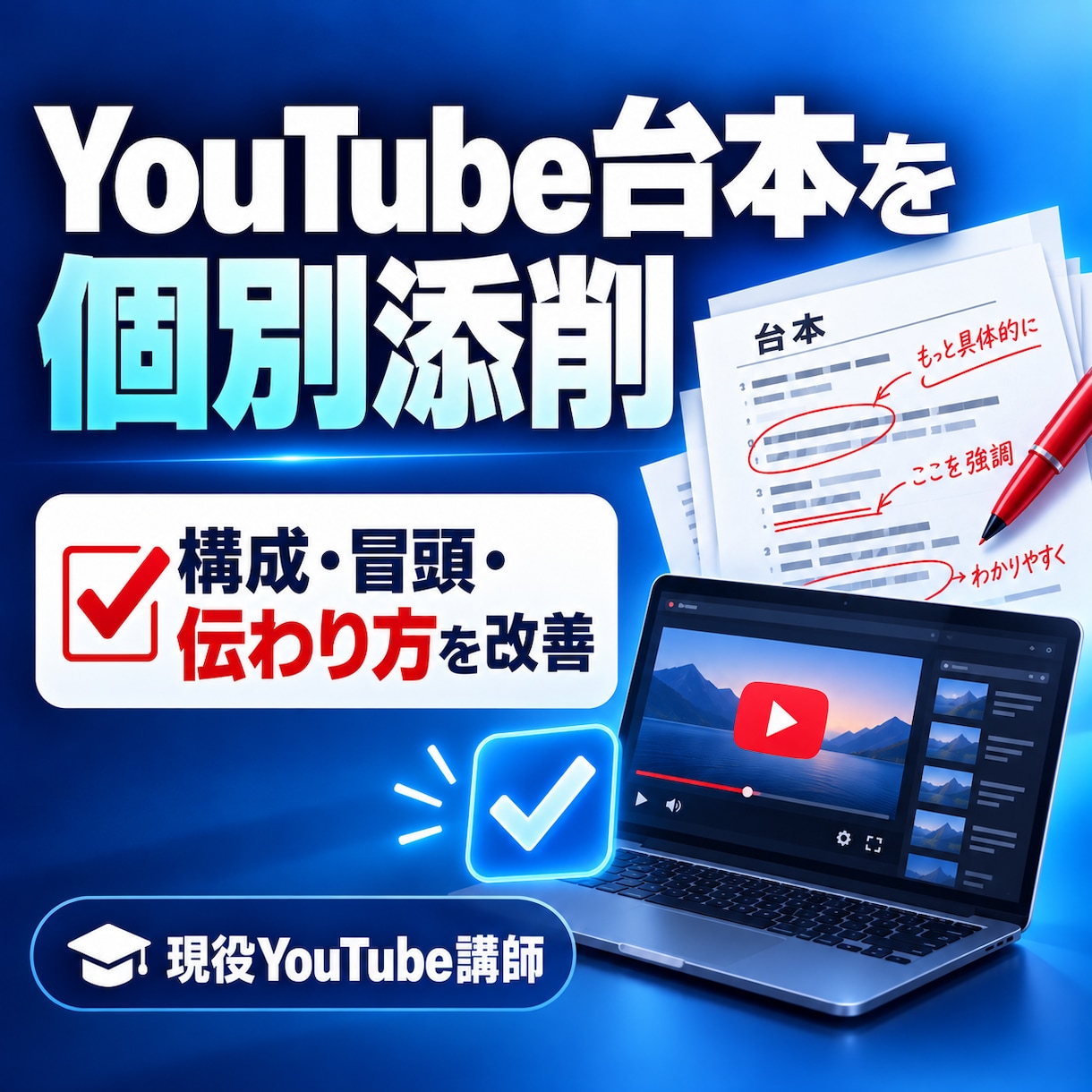 YouTube台本を現役講師が個別添削します 構成・冒頭・伝わりにくい箇所を具体的に改善します イメージ1