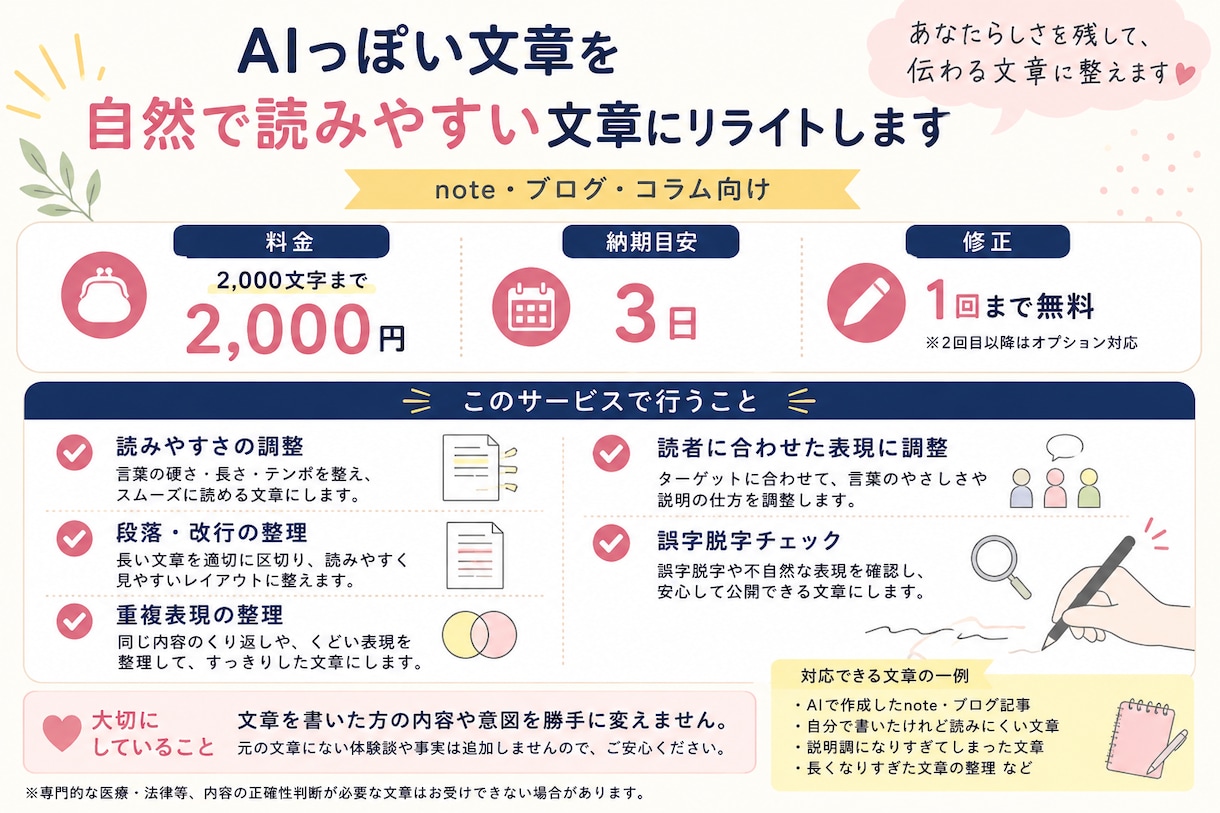 AIっぽい文章を自然にリライトします note・ブログを読みやすい文章に整えます イメージ3