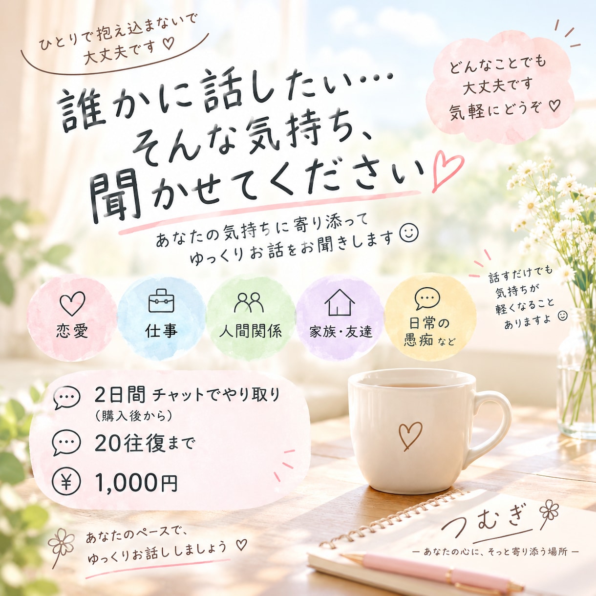 愚痴・悩み、2日間じっくり聞きます 恋愛・仕事・人間関係など何でもOK！ イメージ1