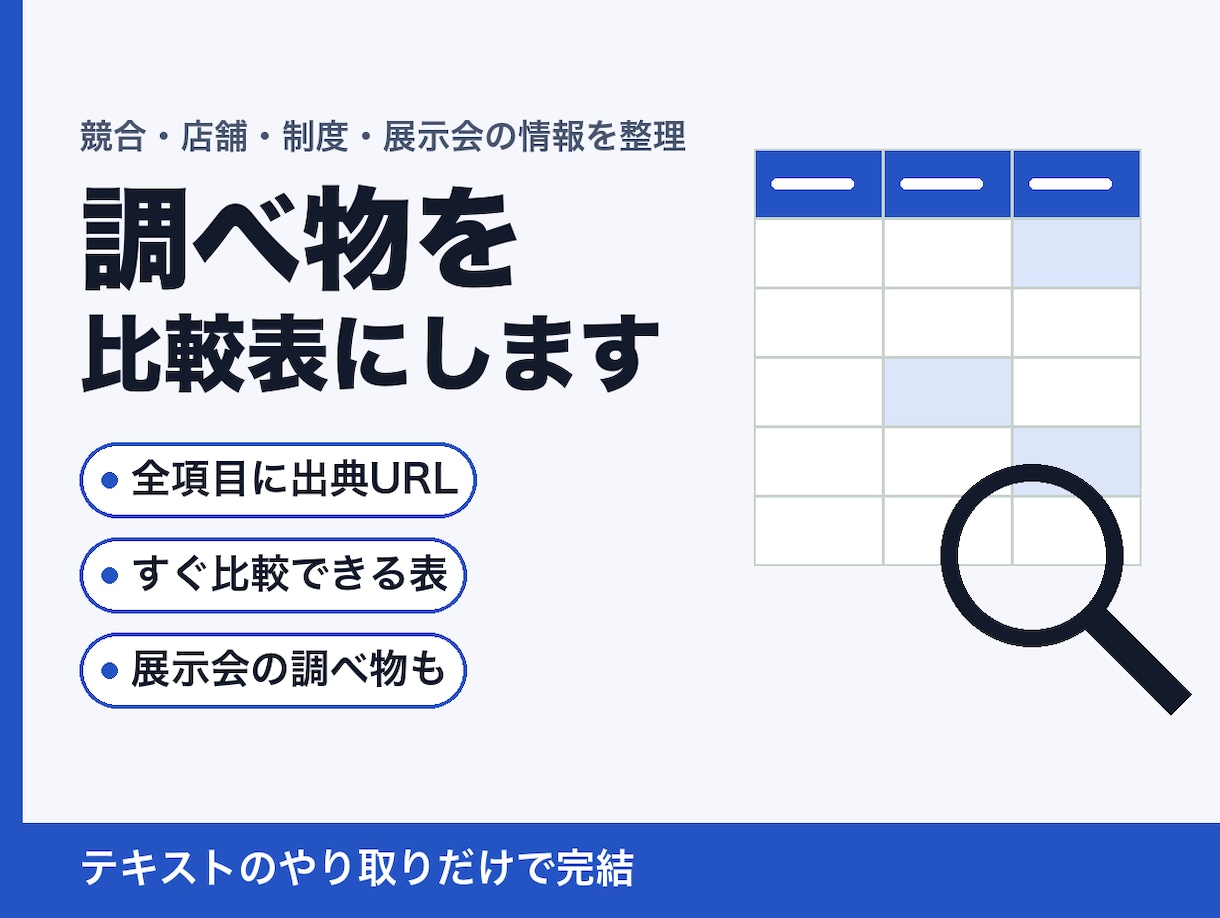 リサーチ代行｜出典URL付きの比較表にまとめます 競合・店舗・制度・展示会の情報を、比べやすい表でお渡しします イメージ1