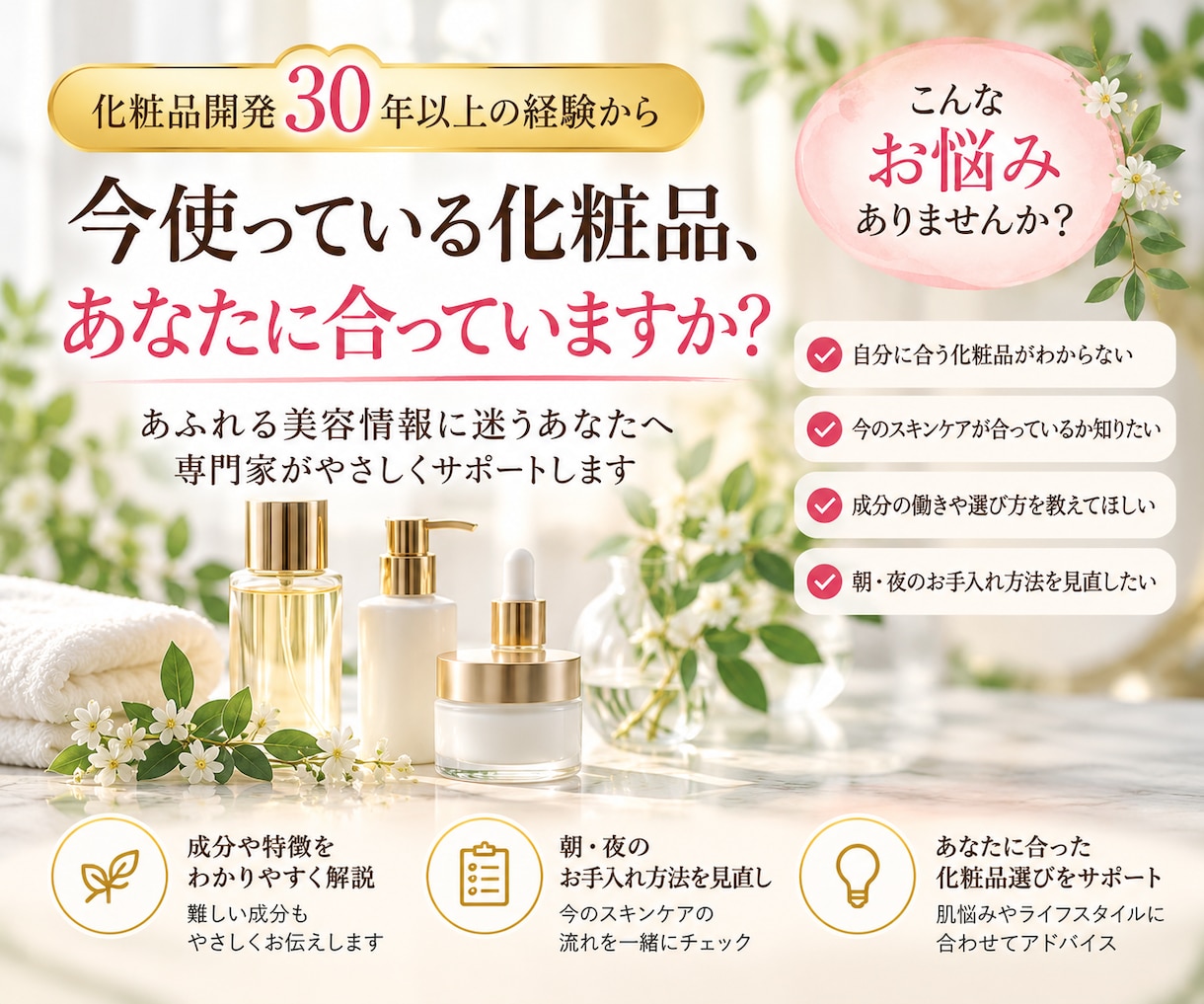 今使っている化粧品が合うかアドバイスします 化粧品開発30年以上！あふれる美容情報に迷うあなたをサポート イメージ1