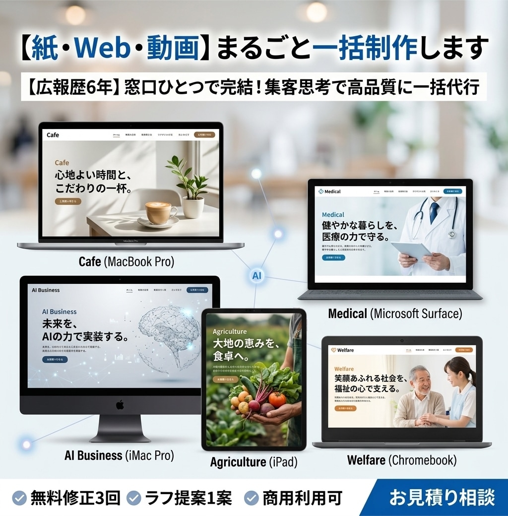 紙・Web・SNS・動画まるごと一括制作します 【広報歴6年】窓口ひとつで完結！集客思考で高品質に一括代行 イメージ1