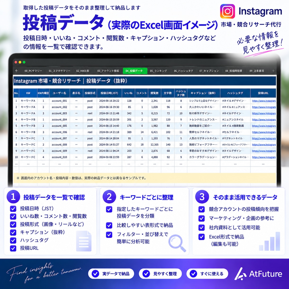 Instagramの市場・競合リサーチを代行します 面倒な情報収集を代行！投稿・競合データを見やすく整理 イメージ4