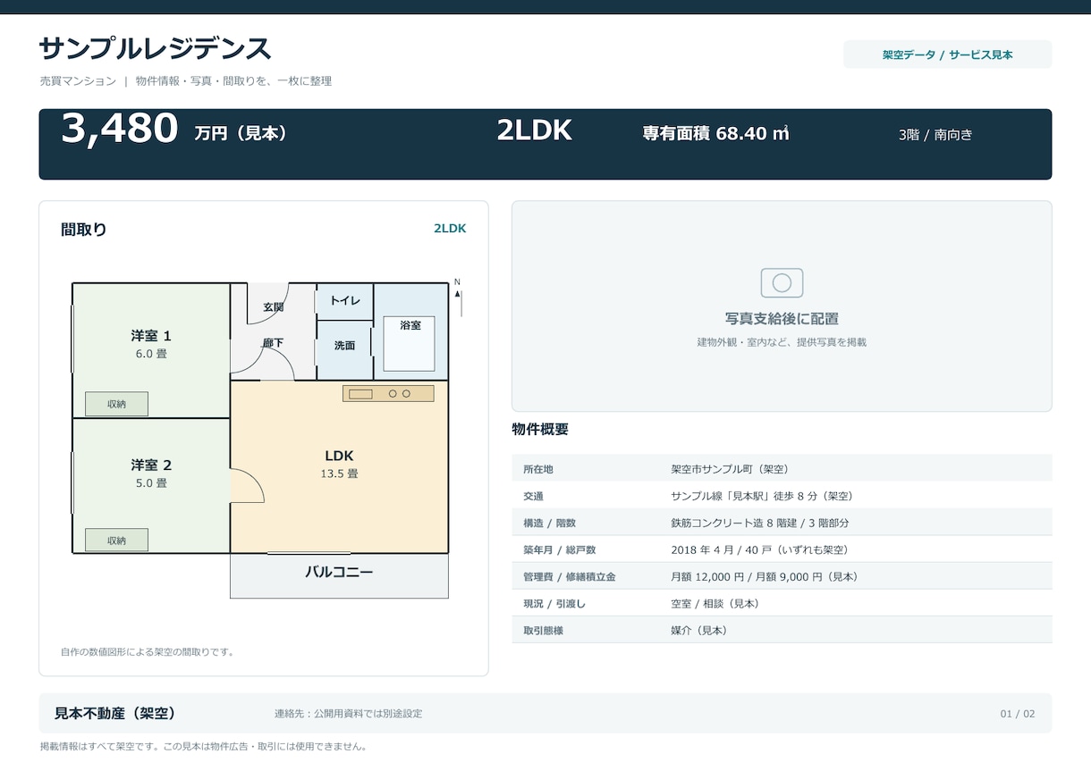 物件情報から不動産販売図面を作成します 不動産会社向け、支給資料を見やすいA4一枚へ イメージ1