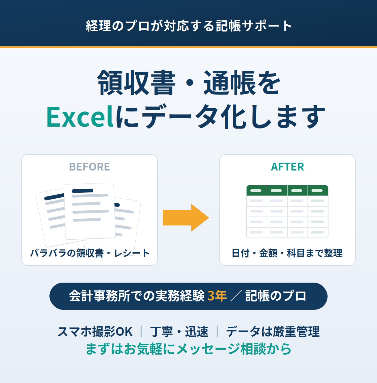 領収書・通帳をExcelにデータ化します 経理経験者が、正確・丁寧にデータ化します イメージ1