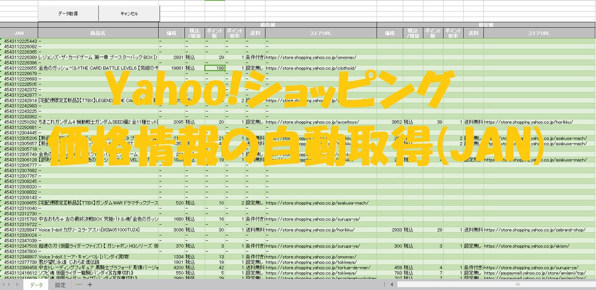 ヤフショの情報を取得するエクセルを販売いたします 商品情報（最高値・最安値）が取得可能なエクセルマクロです イメージ1