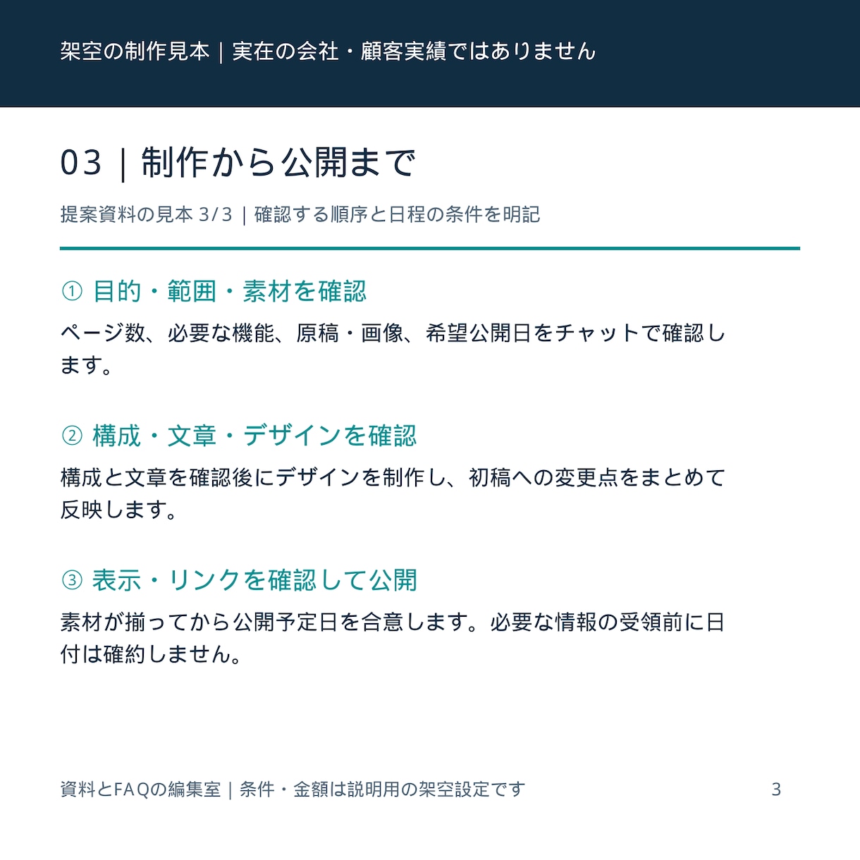 料金や作業範囲が伝わる提案資料を整えます Web制作向け｜資料3ページとFAQをチャットで作成 イメージ4