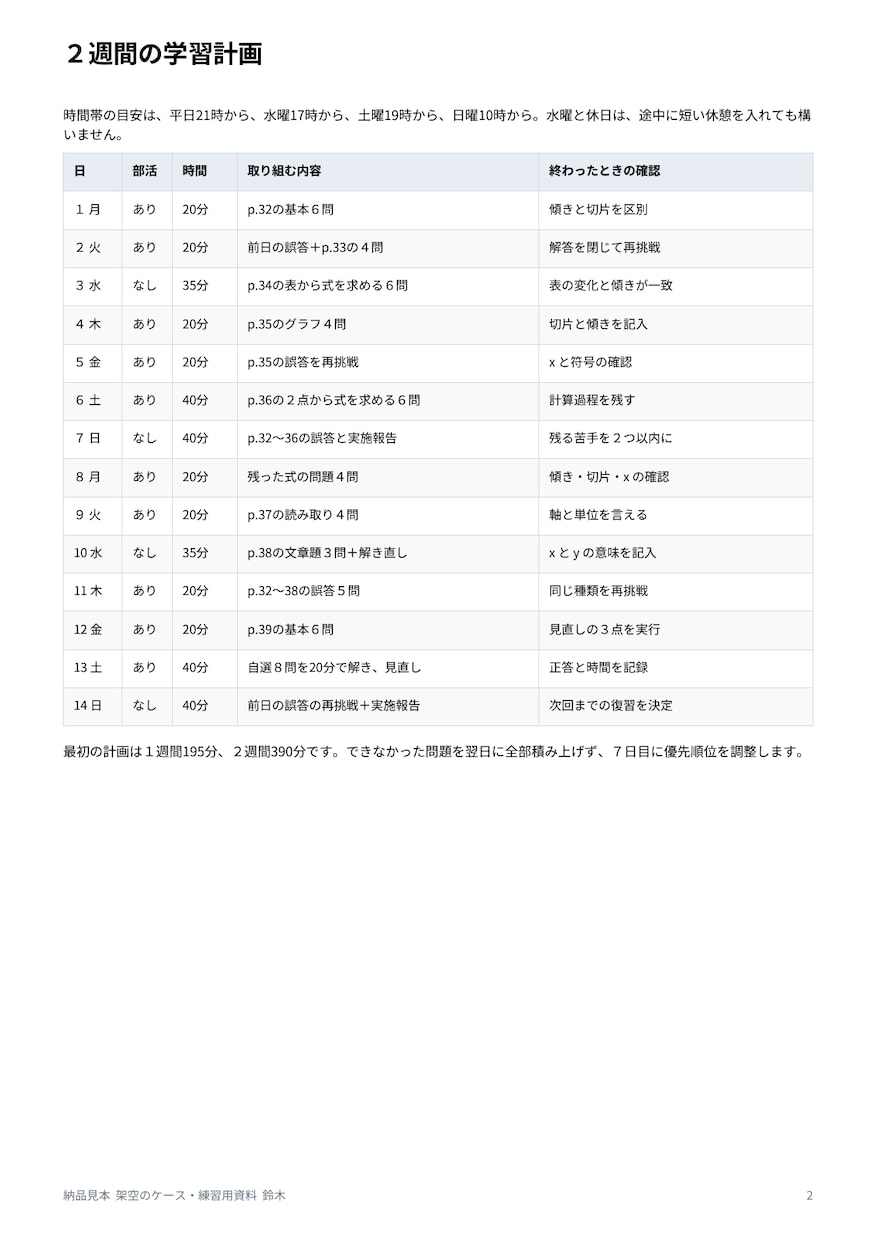 部活が忙しい中学生のテスト勉強を設計します 数学か理科１科目・２週間計画と親の声かけまで イメージ4