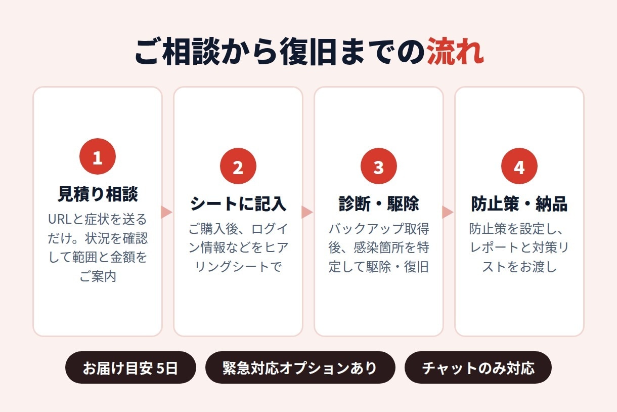 WordPressのマルウェアを駆除します 改ざん・不正リダイレクトを駆除し、再発防止まで対応 イメージ4