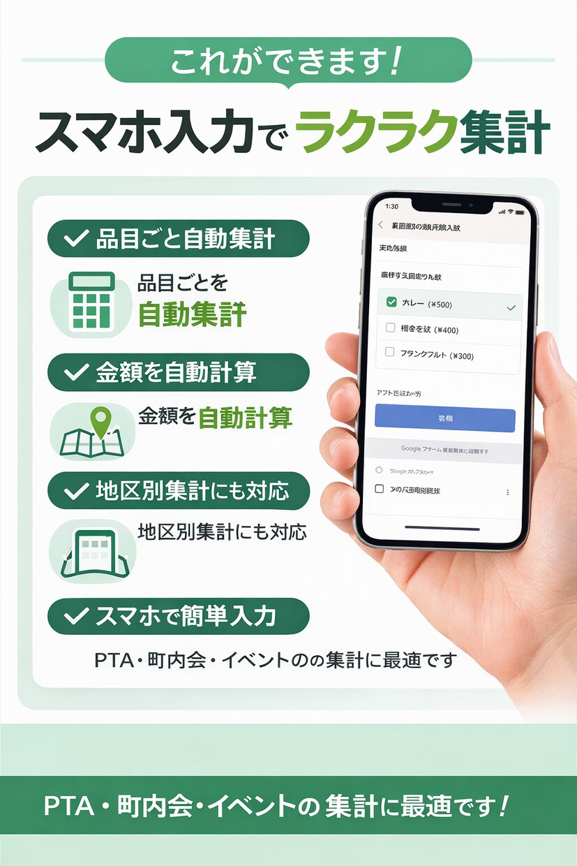 PTA前売り券 集計 自動化｜スマホで完結します スマホで入力するだけで集計・金額・地区別まで自動 イメージ3