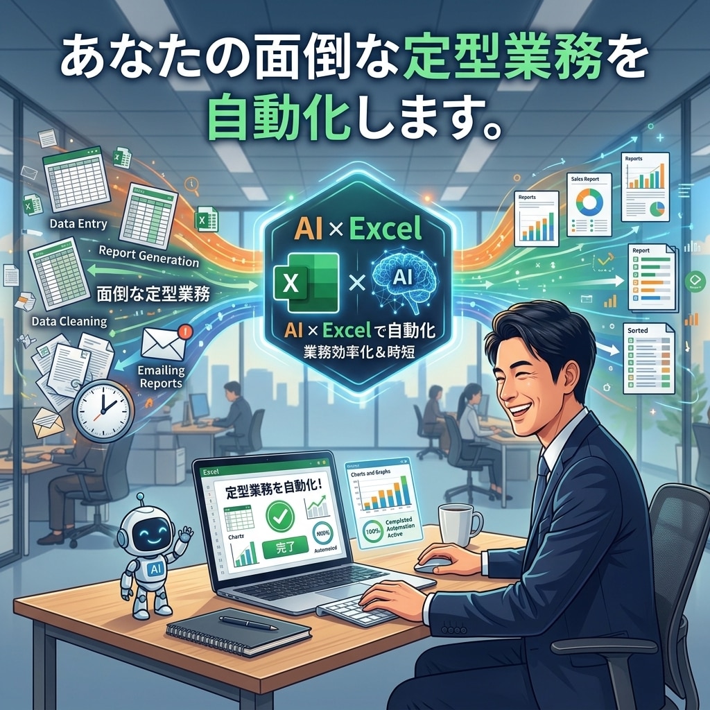 AI×Excelで面倒な定型業務を自動化します 毎日・毎月の面倒なExcel作業、ボタン1つにしませんか？ イメージ1