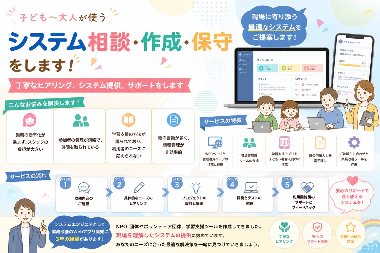 子ども〜大人が使うシステム相談、作成、保守をします 丁寧なヒアリング、システム提供、サポートをします イメージ1