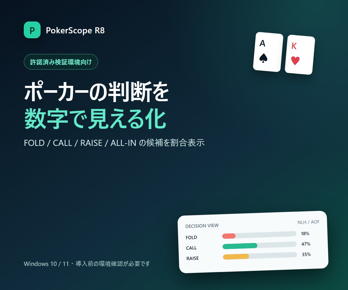 許諾済み環境へポーカー分析ソフトを導入します FOLD・CALL・RAISE候補を数値で可視化 イメージ1
