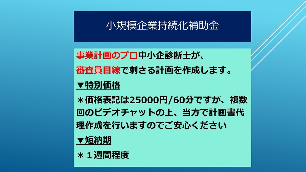 小規模企業持続化補助金を特別価格でプロが受けます ～中小企業診断士が審査員目線で「通る」計画書を作成支援～ イメージ1