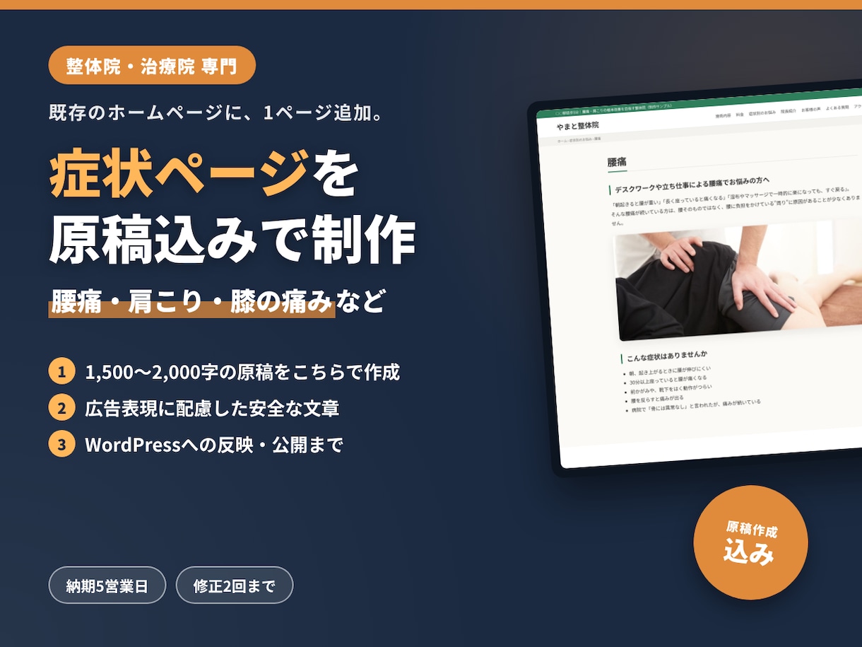 整体院の症状ページを原稿込みで制作します 腰痛・肩こり等｜原稿丸投げOK｜広告表現に配慮した安全な文章 イメージ1