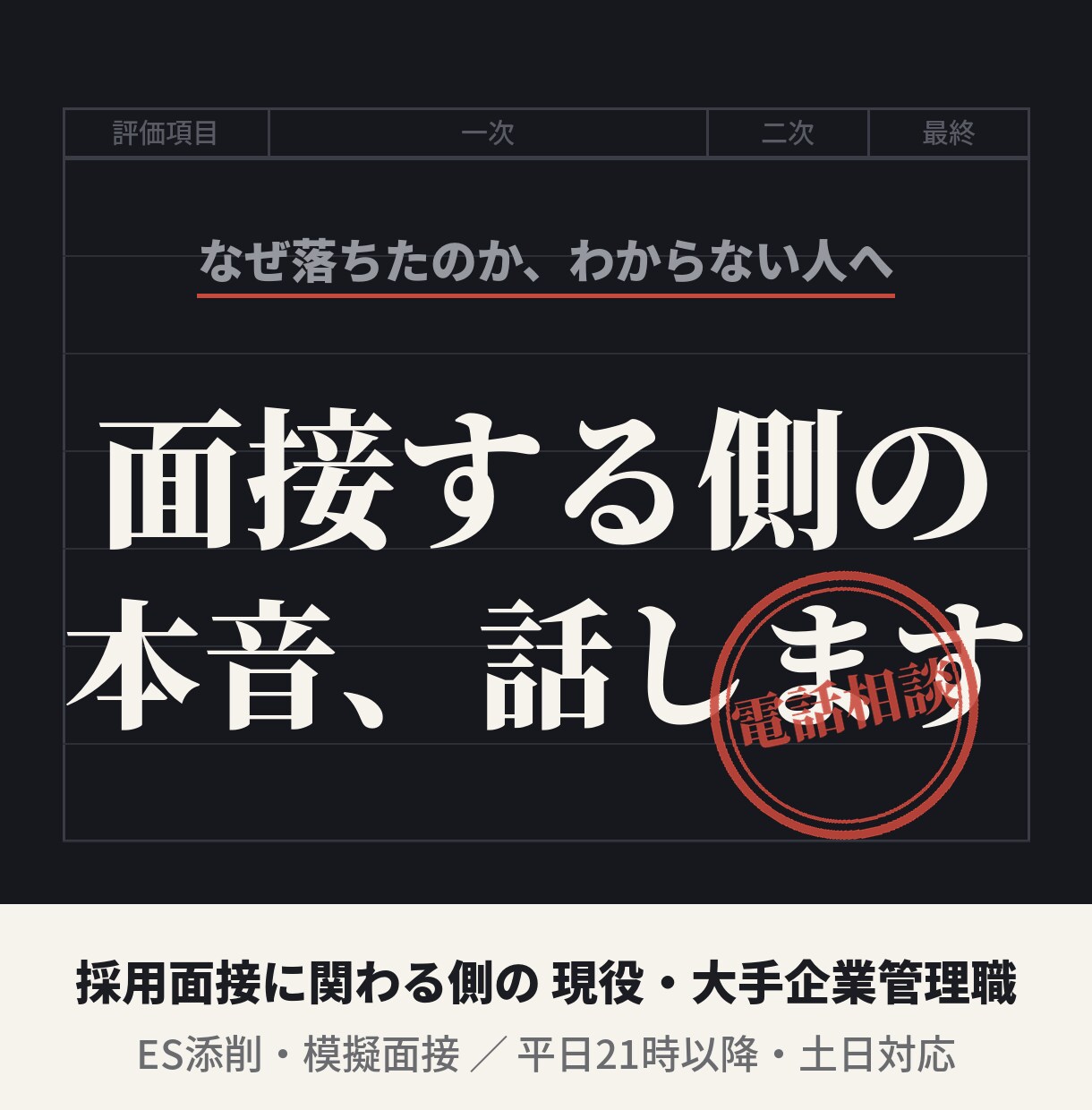 面接する側の本音でES・面接を仕上げます あなたを選考する側が「受かる人と落ちる人の差」を教えます イメージ1