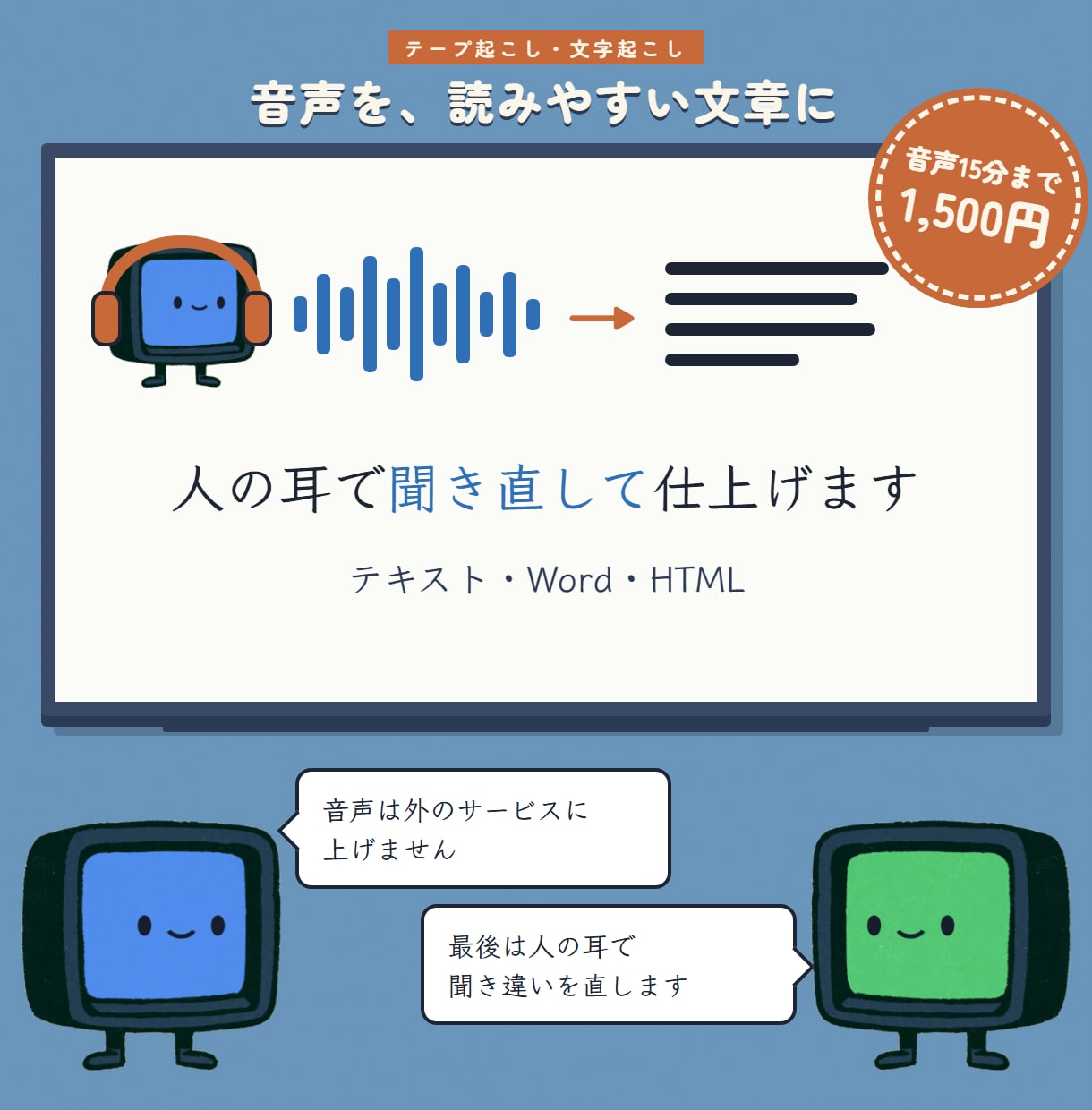 キャラと一緒に、動画や対談を文字起こしします 聞き役のコエと書き役のモジが、あなたの声を文章に！ イメージ1