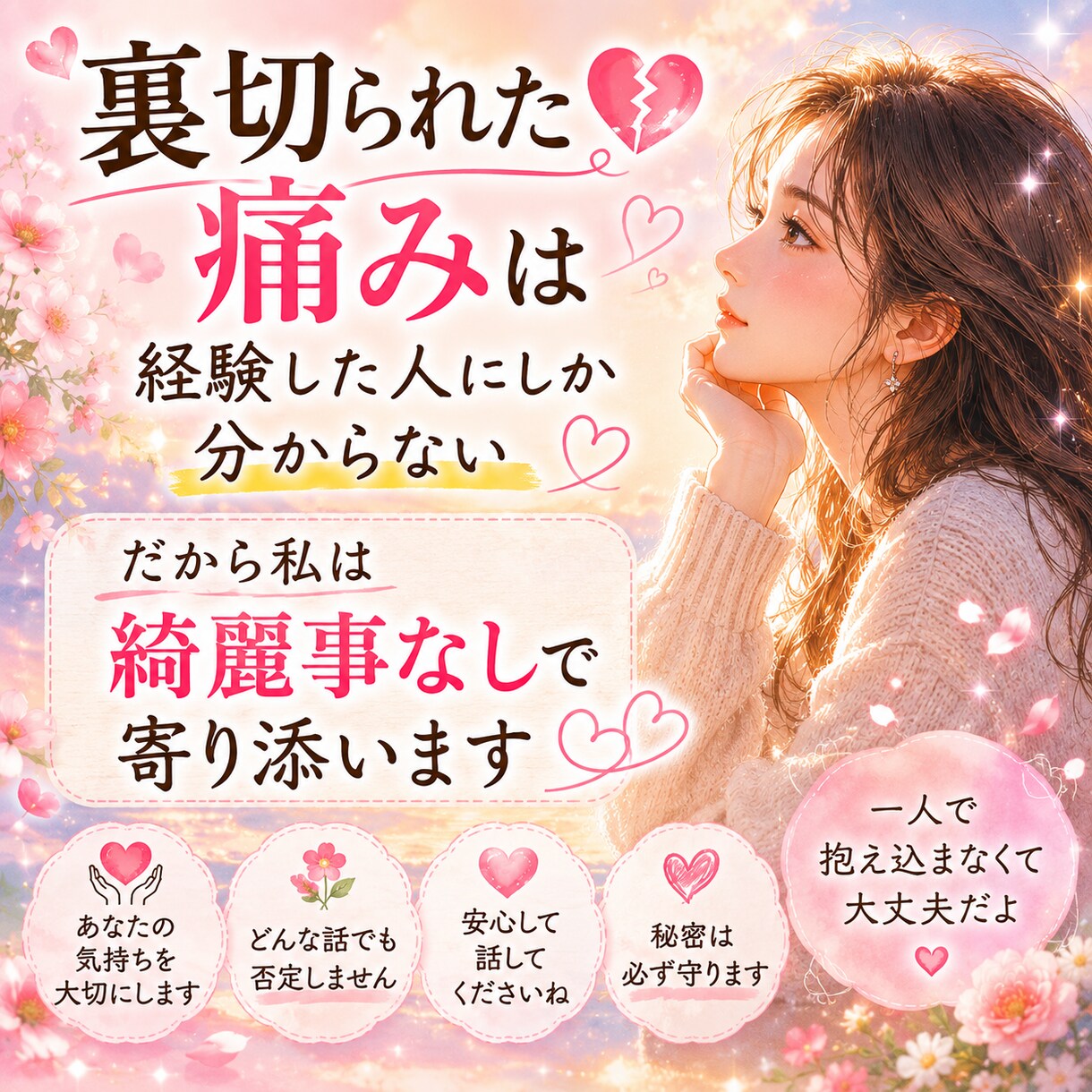 裏切りで壊れそうな心、私が受け止めます 裏切られた痛みは経験した人にしか分からない。何でも話して。 イメージ6