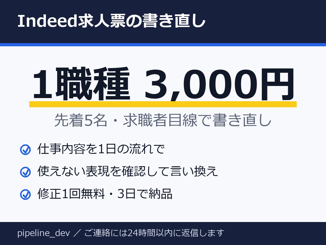 Indeed求人票を1職種分 書き直します 先着5名3,000円・仕事内容と条件を求職者目線で書き直し イメージ1
