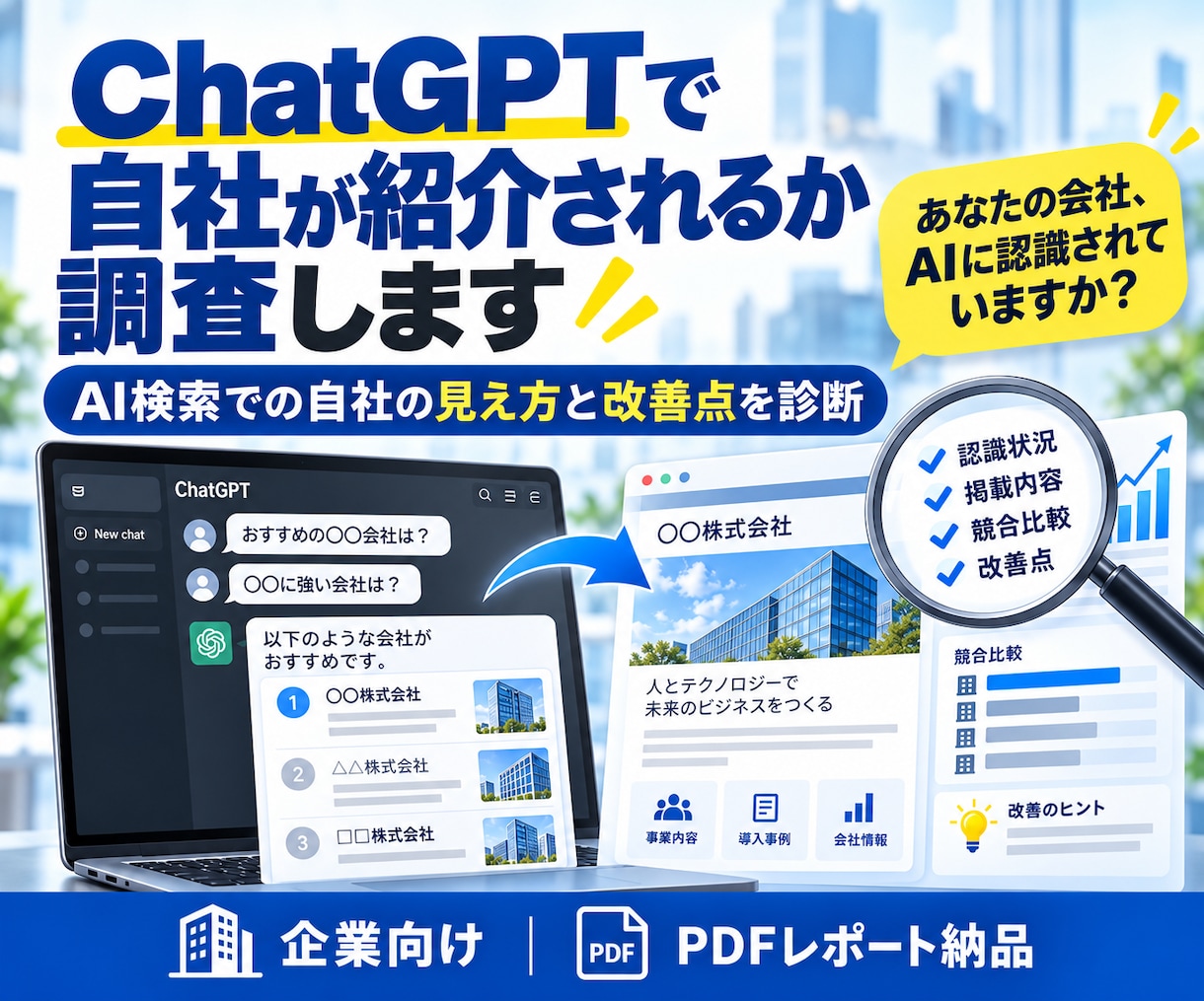 ChatGPT・AI検索での会社の見え方診断します AIにあなたの会社がどう認識されているか調査 イメージ1