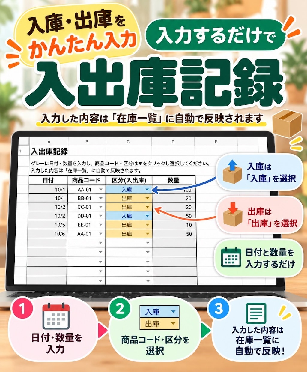 小さなお店の在庫管理表をスプレッドシートで作ります 入出庫を入力するだけで現在庫を確認できます イメージ3