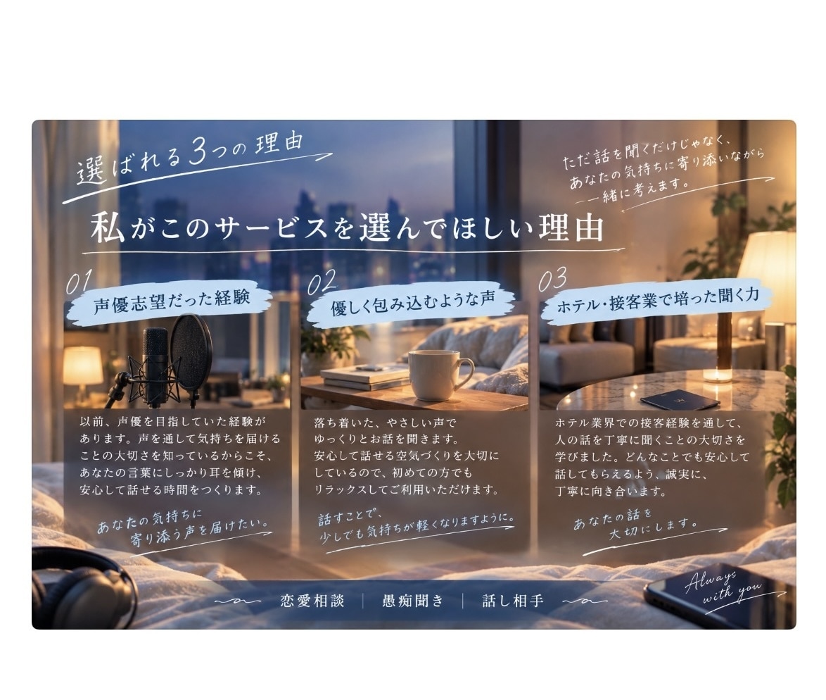 とにかく話を聞きます！どんな方でも優しく聞きます 声優志望だった経験を活かして、声であなたに寄り添います。 イメージ2