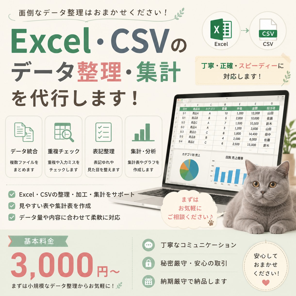Excel・CSVのデータ整理・集計を代行します 面倒なデータ整理・集計・重複チェックを丁寧に対応します イメージ1
