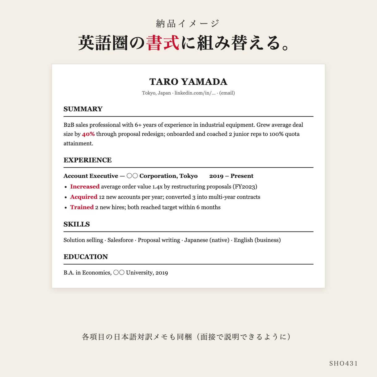 英文レジュメ・カバーレターを作成します 日本語の職務経歴書から。外資・海外応募向けの1枚 イメージ2