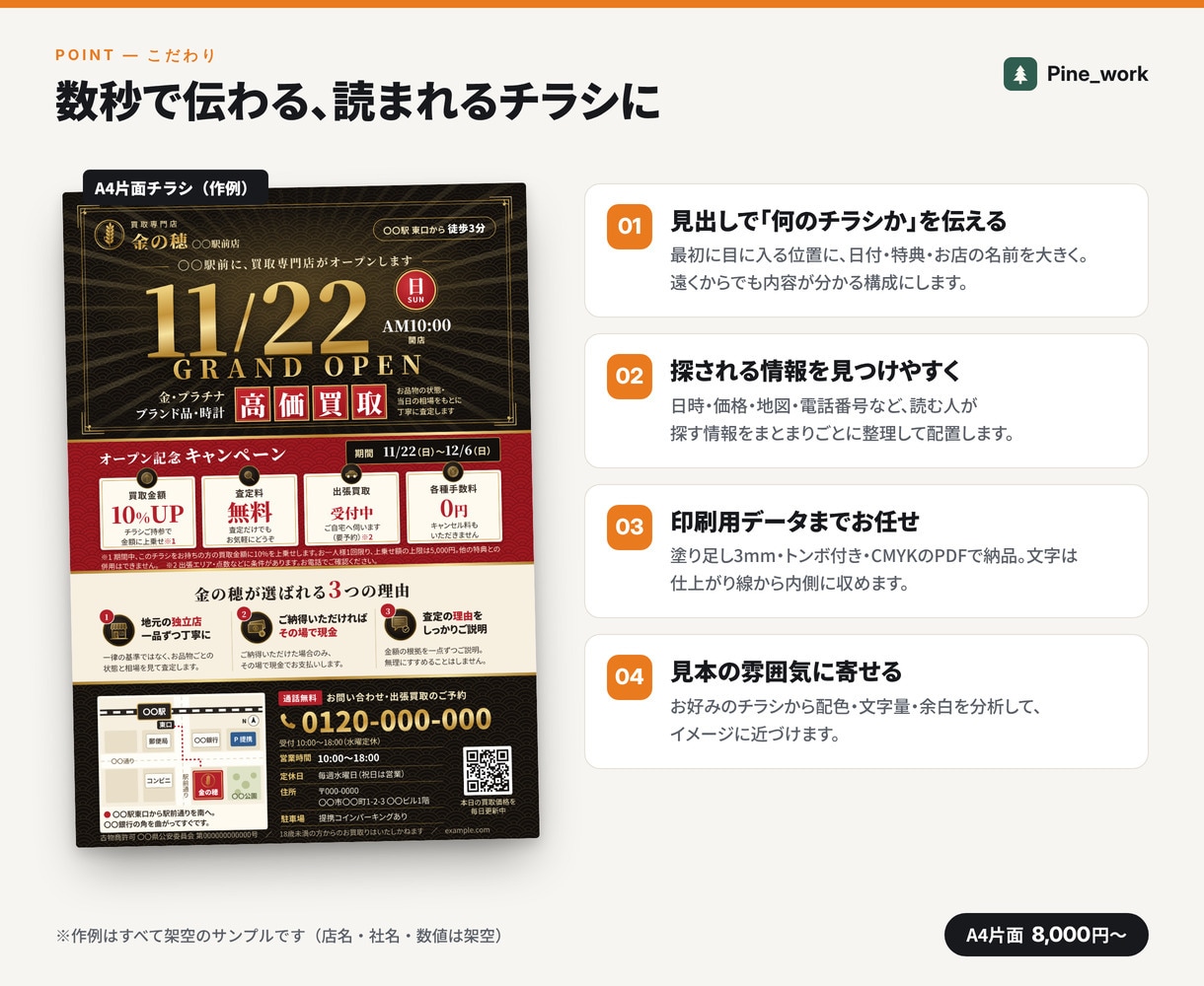 チラシ・フライヤーを伝わる構成でデザインします A4片面から。印刷用PDF（塗り足し付き）で納品 イメージ3