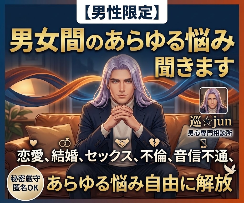 男性限定☆男女間のあらゆる悩み聞きます 恋愛、結婚、セックス、不倫、音信不通、あらゆる悩み自由に解放 イメージ1