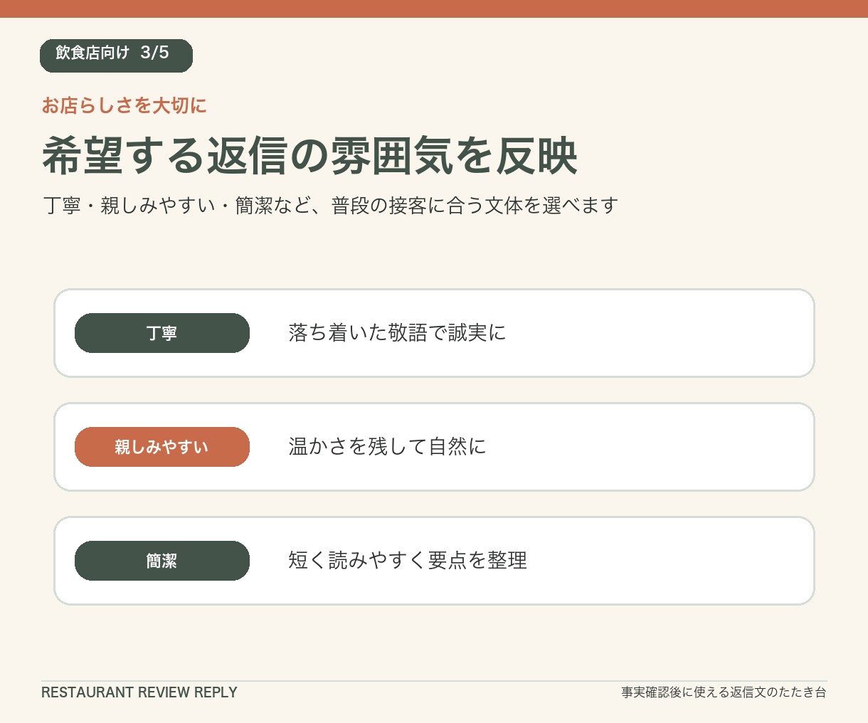 飲食店のGoogle口コミ返信文を5件作成します 高評価・低評価にも、お店らしい丁寧な返信案をご用意 イメージ3