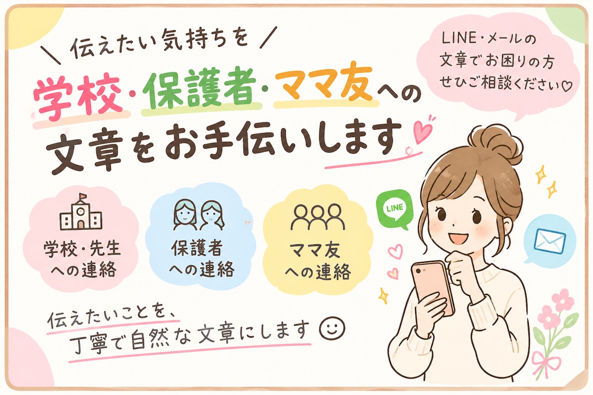 学校・保護者・ママ友への文章をお手伝いします 伝えたいことを丁寧で自然な文章にします。 イメージ1