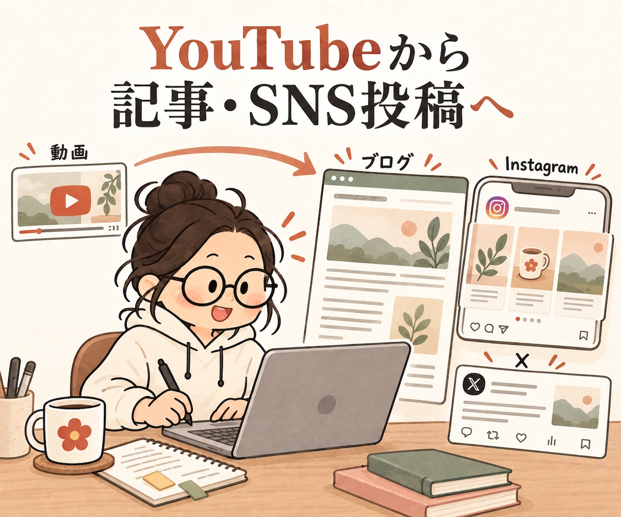 YouTube1本を記事・インスタ投稿に編集します 撮り直し不要。ブログ・インスタ・Xの発信素材をまとめて イメージ2