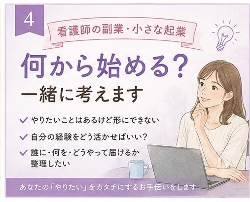 看護師の副業・起業、最初の一歩を一緒に考えます やってみたい。でも何から始める？を一緒に整理します。 イメージ1