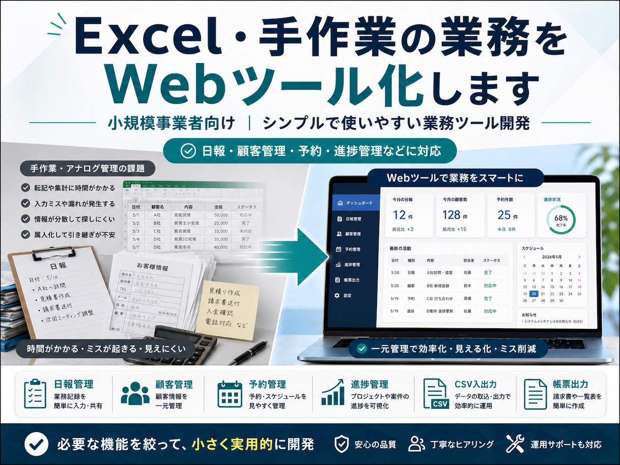 Excel・手作業の業務をWebツール化します 小規模事業者向けにシンプルな業務ツールを開発 イメージ1