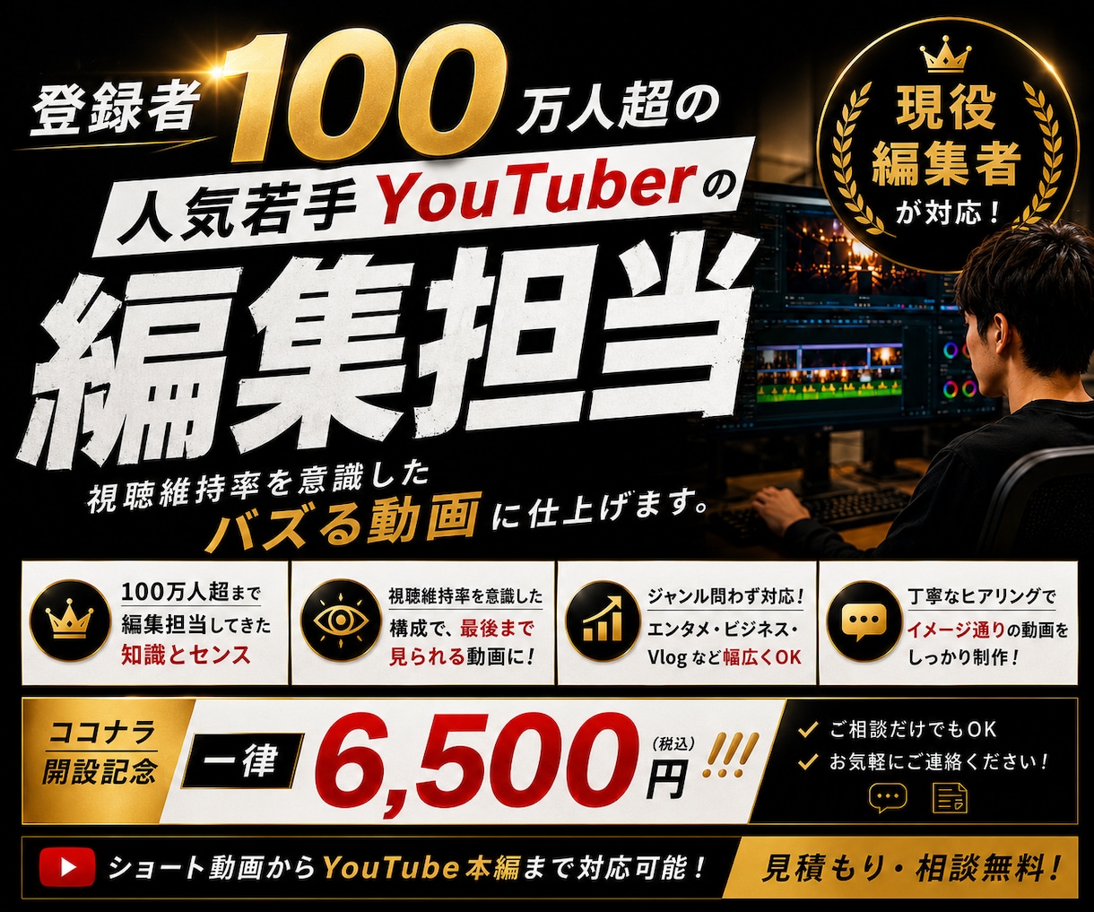 100万人超YouTuber現役編集者が編集します 冒頭3秒の掴み・テンポ感・を意識し編集します。丸投げOKです イメージ1