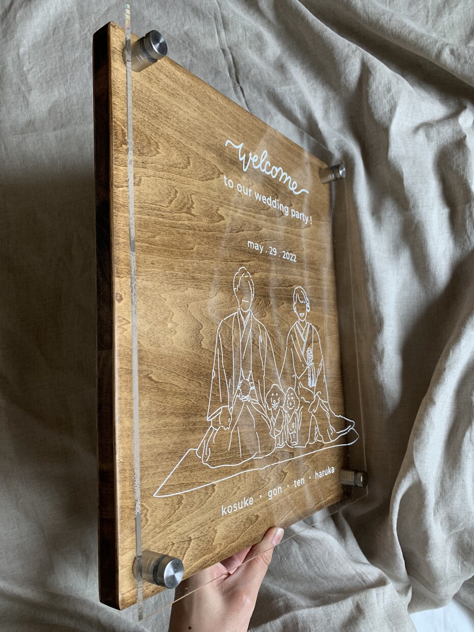 手書き風のイラストでウェルカムボード作成します アクリル板と蜜蝋で染めた木板のウェルカムボード、記念品にも イメージ3