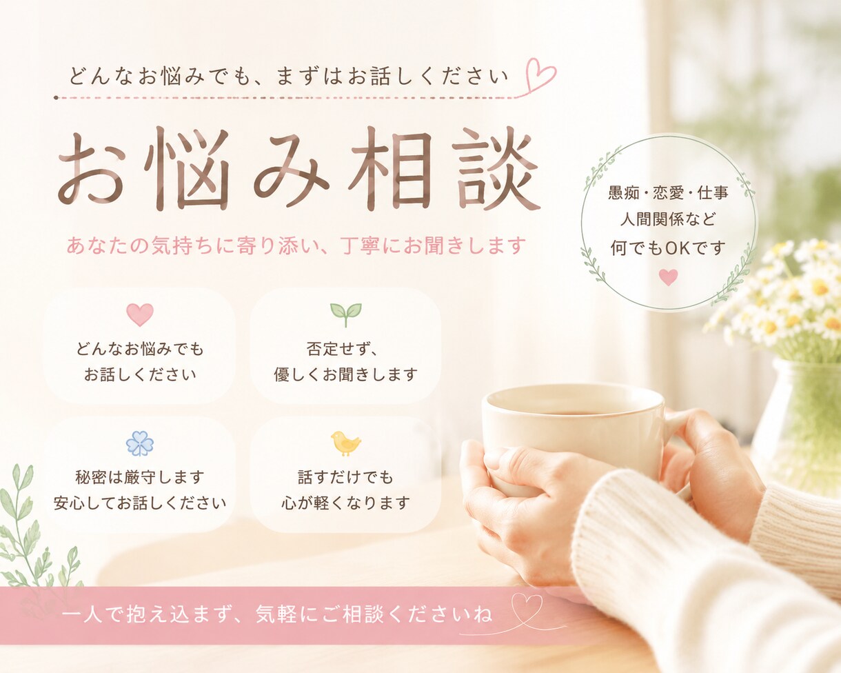 恋愛・仕事・愚痴何でも相談に乗ります 愚痴や悩みを気軽に話せる場所です。何でも相談してください！ イメージ1