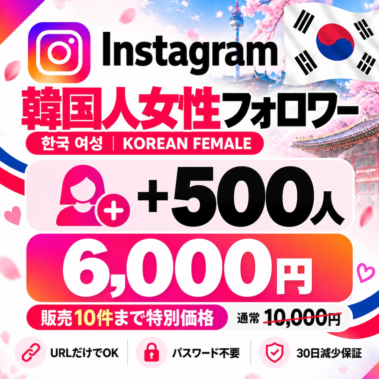 Instagram韓国人女性フォロワー増やします 先着10名限定の特別価格｜500人6,000円｜超高品質 イメージ1