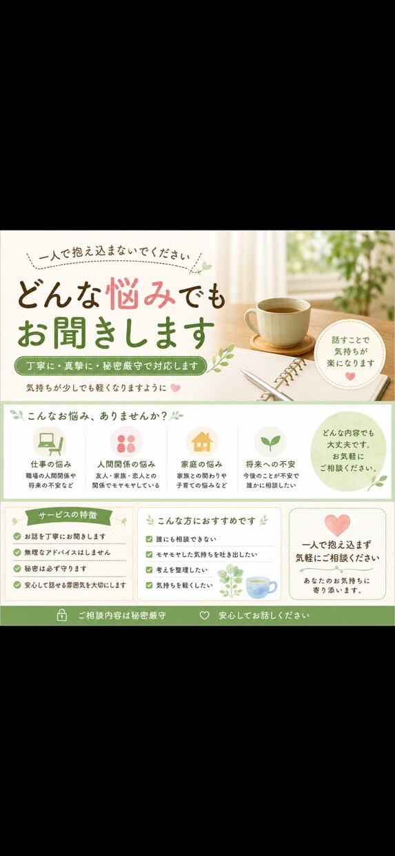 どんな悩みでも丁寧にお話をお聞きします 一人で抱え込まず気軽にご相談ください イメージ1