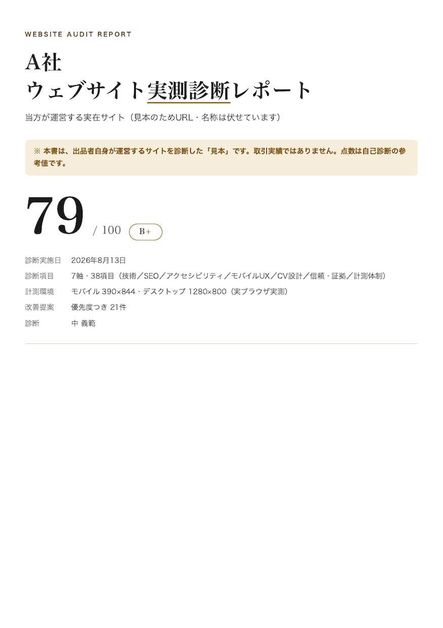 実測データでLP・HPを本気診断します 実測データで診断。7軸38項目と優先度つき改善案をPDFで イメージ2