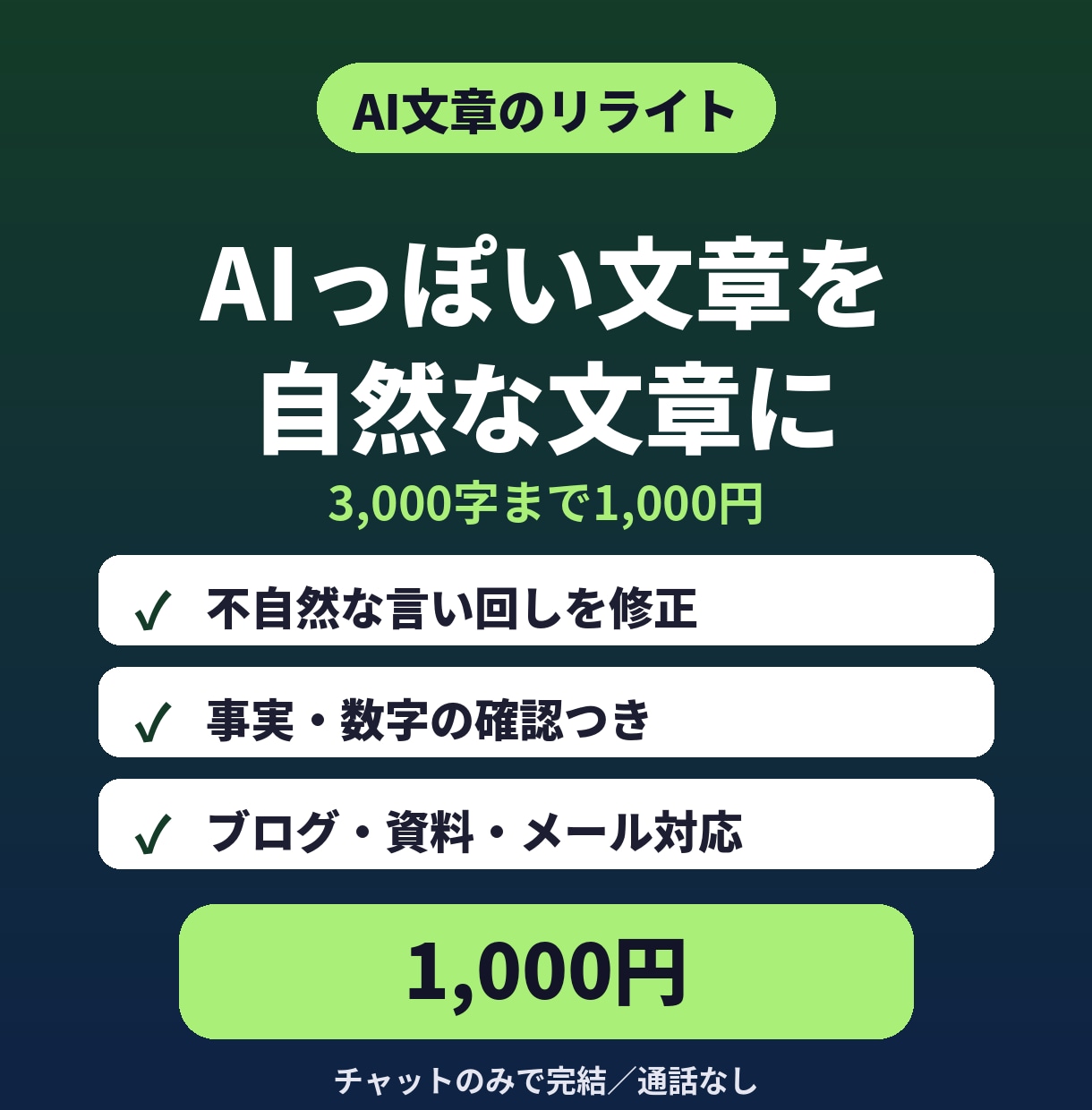 AIが書いた文章を自然な文章に直します 3,000字まで1,000円｜修正箇所も確認できる イメージ1