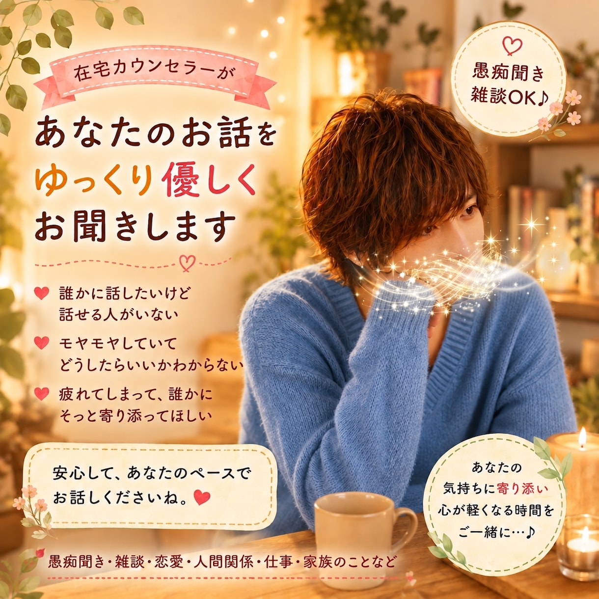愚痴も雑談も、優しくお聞きします あなたの心のモヤモヤを、優しく受け止めます♪ イメージ2