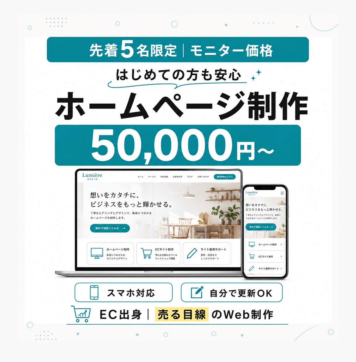 先着5名様モニター価格でHP制作します EC出身が丁寧にヒアリング。初心者も安心・スマホ対応・更新可 イメージ1