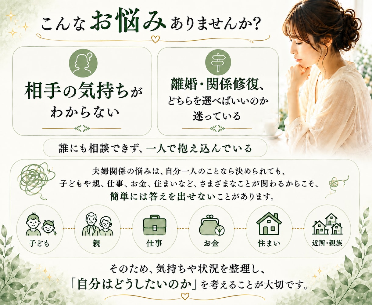 夫婦関係｜離婚・関係修復・モラハラの悩みを占います 相手の本音や今後の流れを読み解き、これからを考えるお手伝い イメージ2