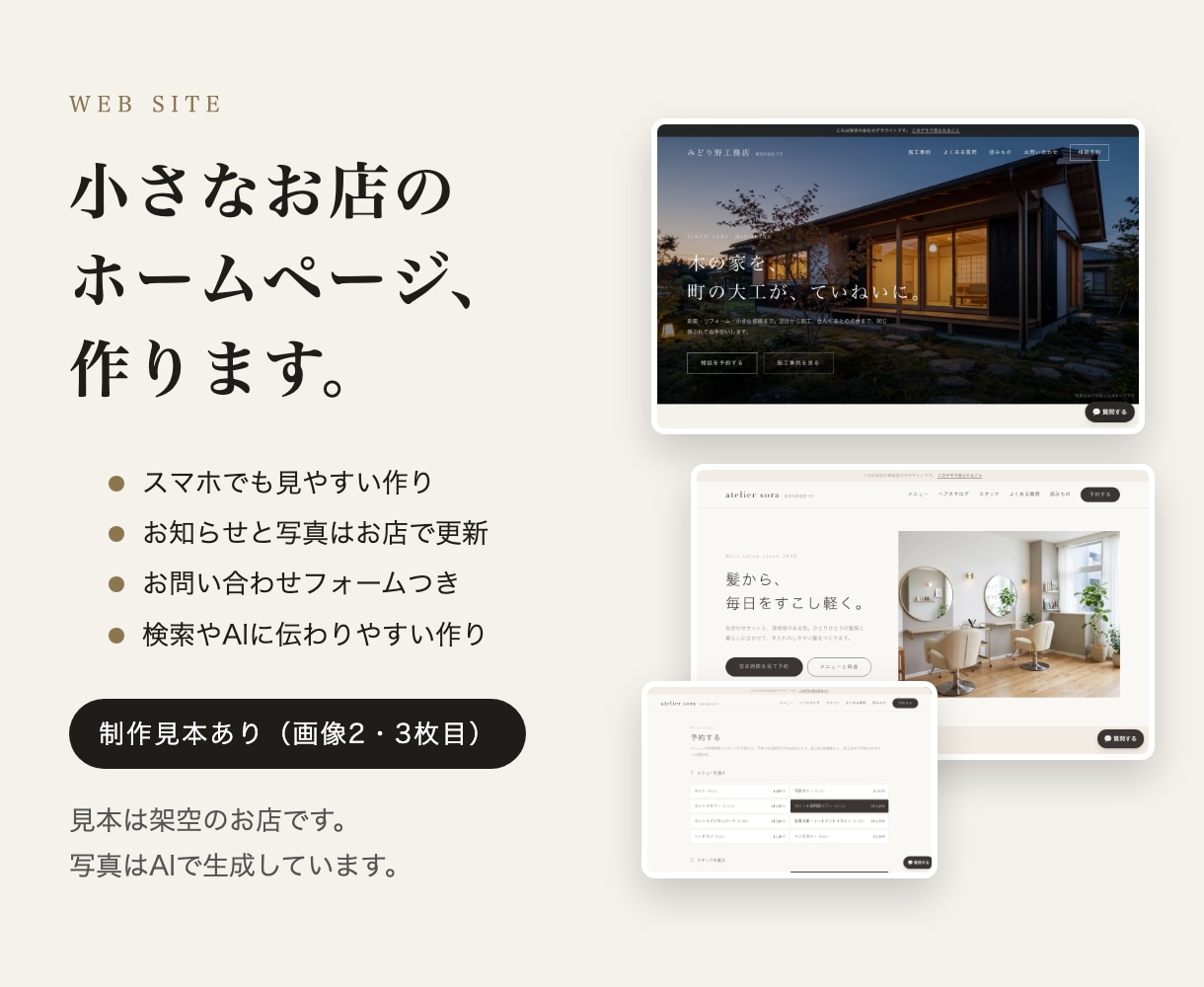 小さなお店のホームページを作ります お店で更新でき、検索やAIにも伝わりやすい作りに イメージ1