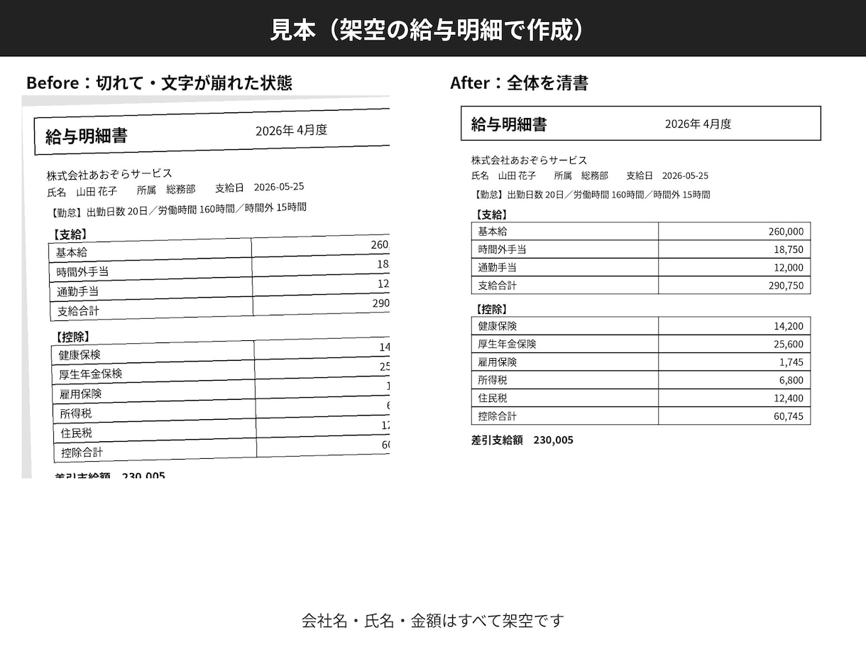 給与明細・書類を清書｜PDF・画像の文字修正します 元データなしOK。切れた・崩れた書類を全体が入る1枚に イメージ3