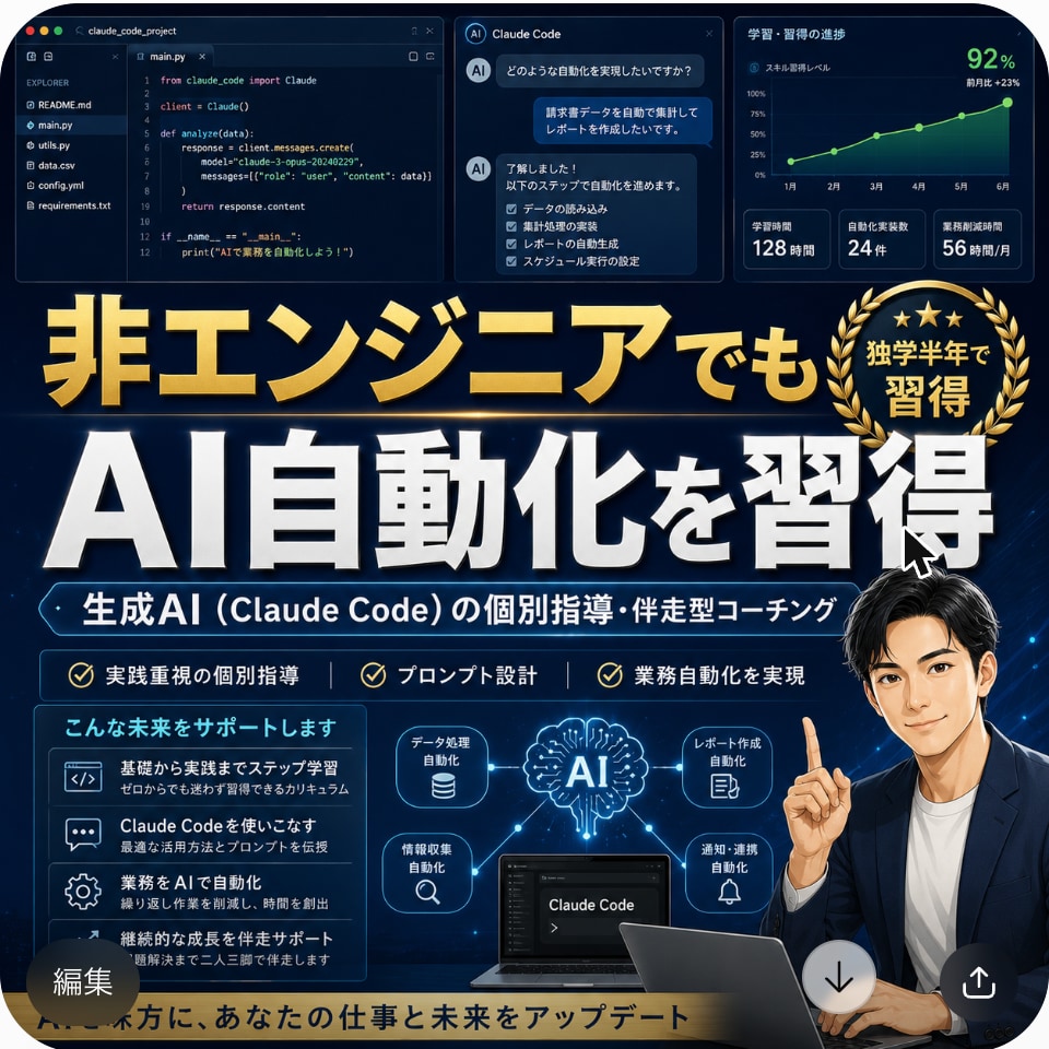 Claude Codeで自動化の個別指導をします 非エンジニアが半年で自動化スキルを身につけた実体験から指導 イメージ1