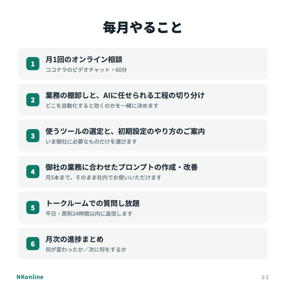 中小企業のAI顧問として月額で伴走します 月5万円で、AI導入の相談相手が毎月そばに イメージ3