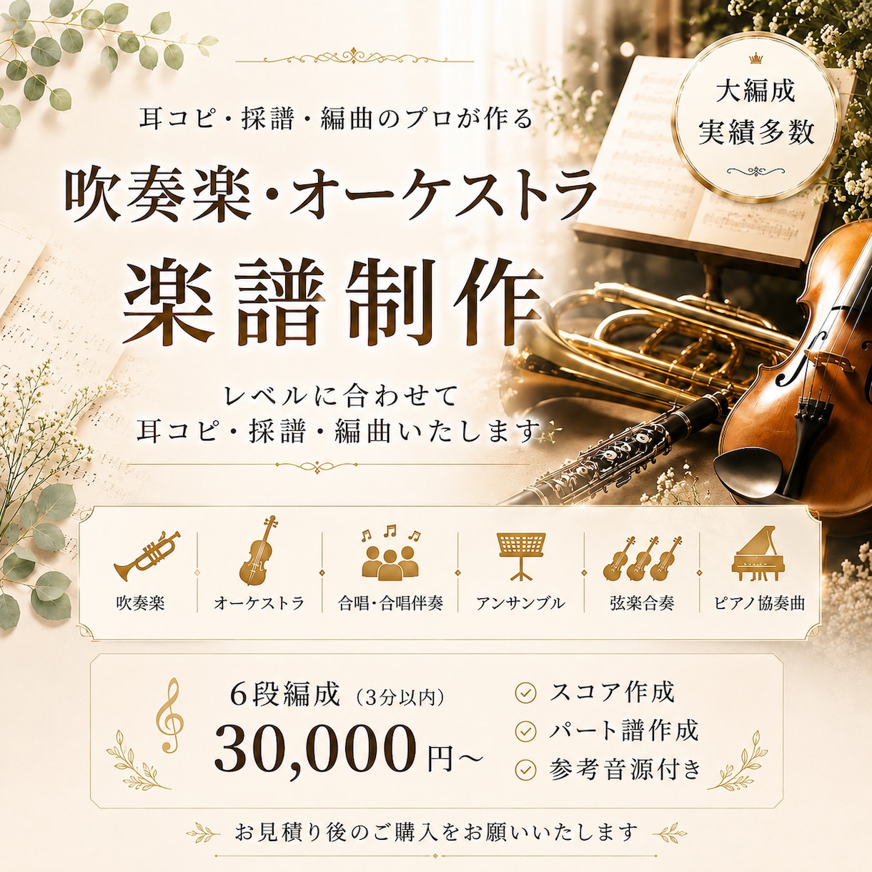 オーケストラ、吹奏楽など大編成の楽譜を作成します ６段以上はこちらからパックでどうぞ イメージ1